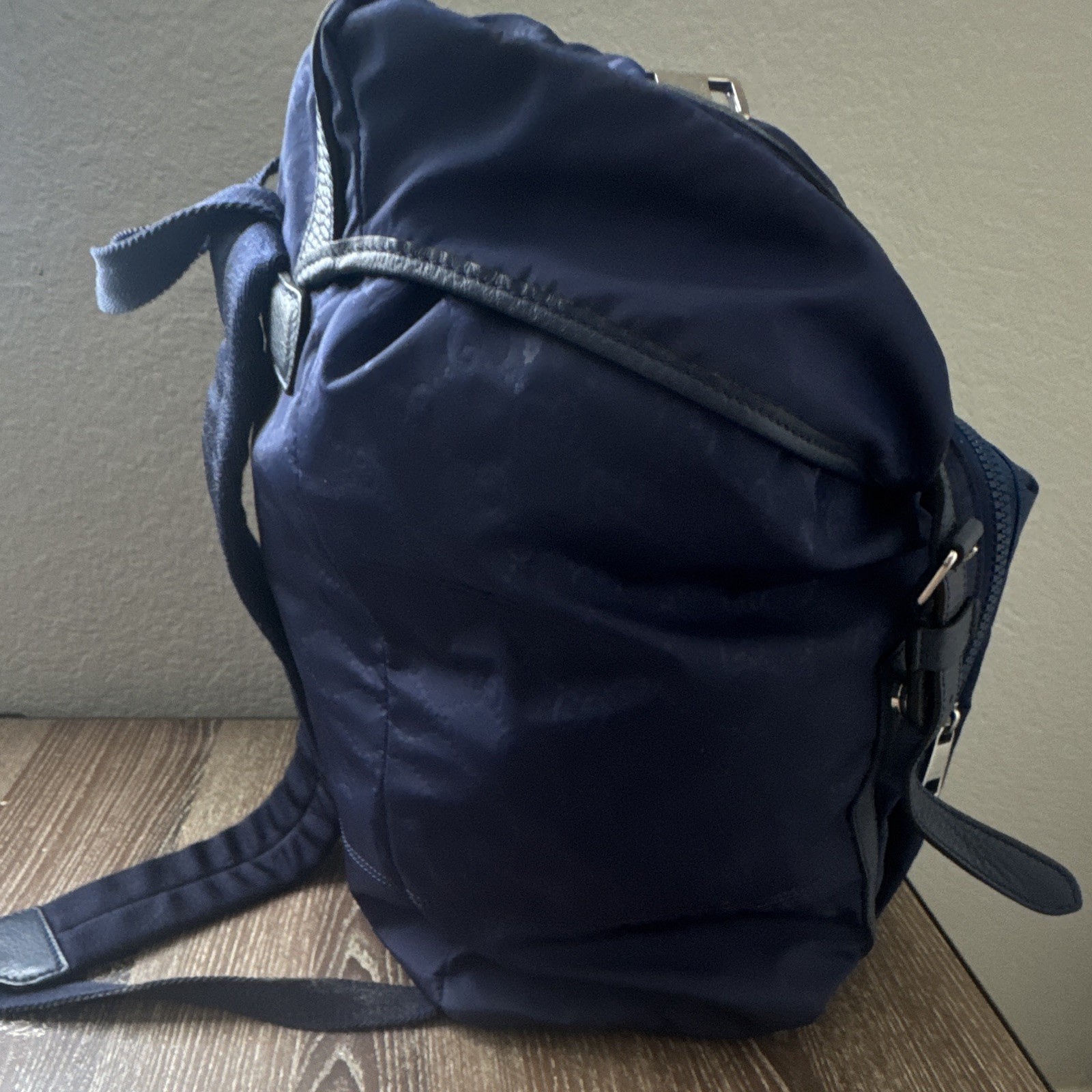 Gucci Navy Blue Monogram Backpack Adjustable Leather Strap Logo Hardware