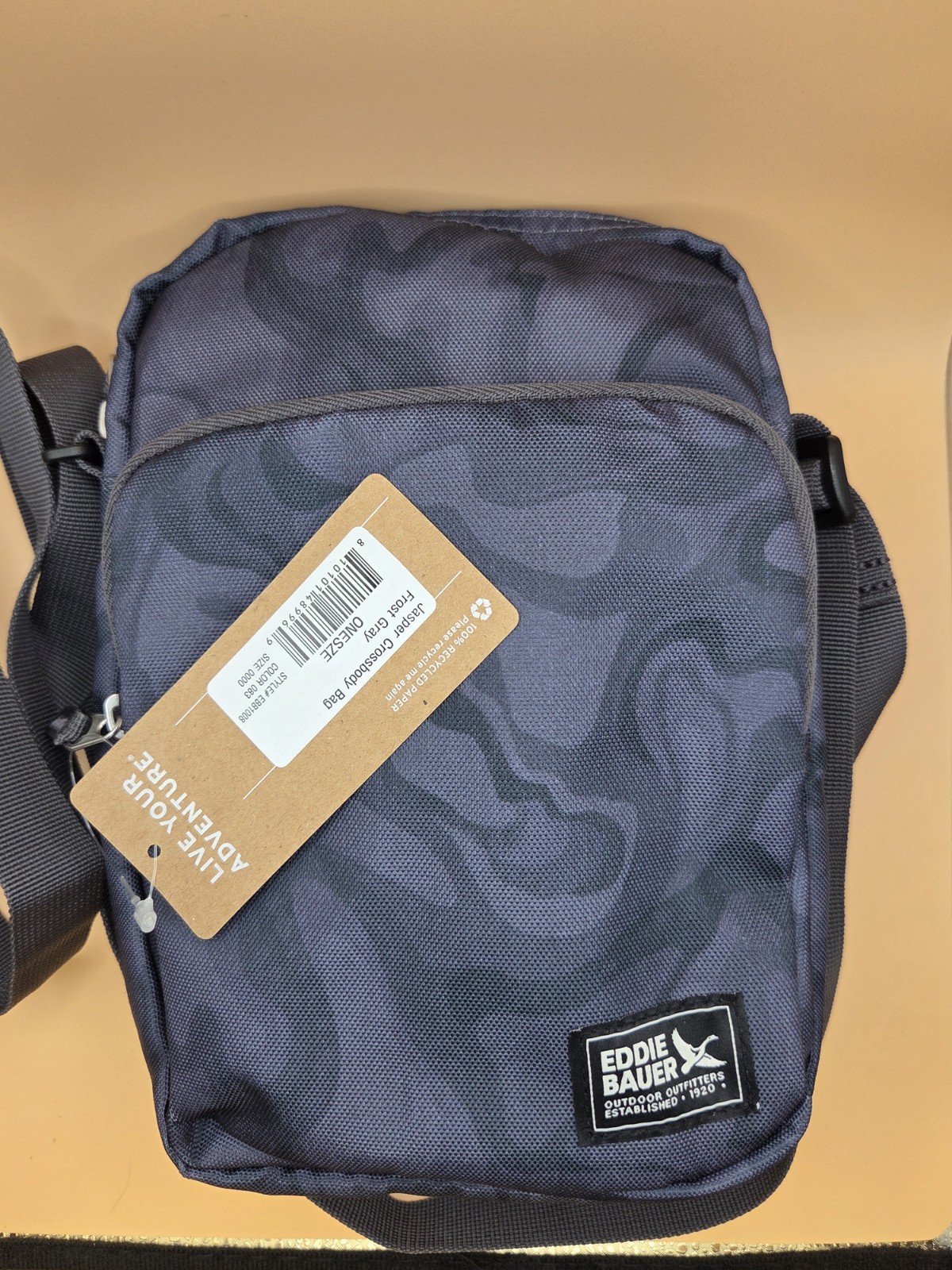 Eddie Bauer Small Crossbody Bag Gray Black Camo Zip Adjustable Strap Pockets 135