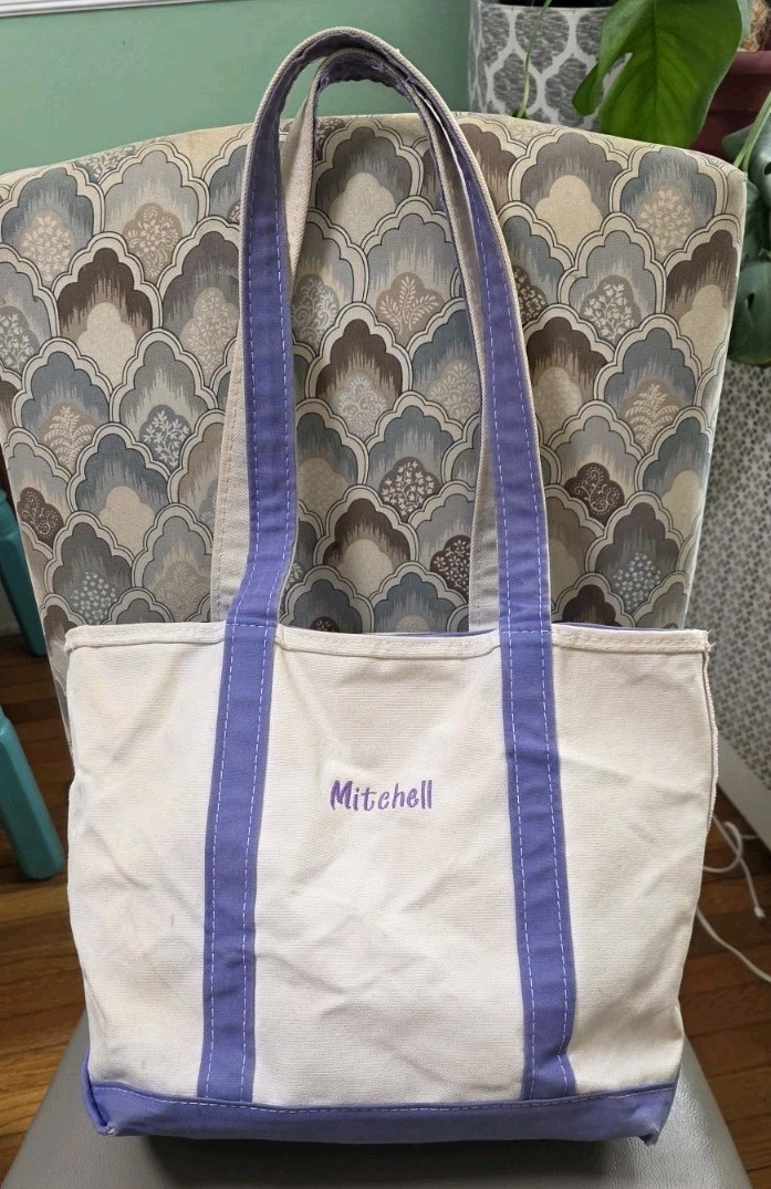 LL Bean Boat And Tote Classic Canvas Purple Handles Bottom 16x12x5 Zip USA OYL58