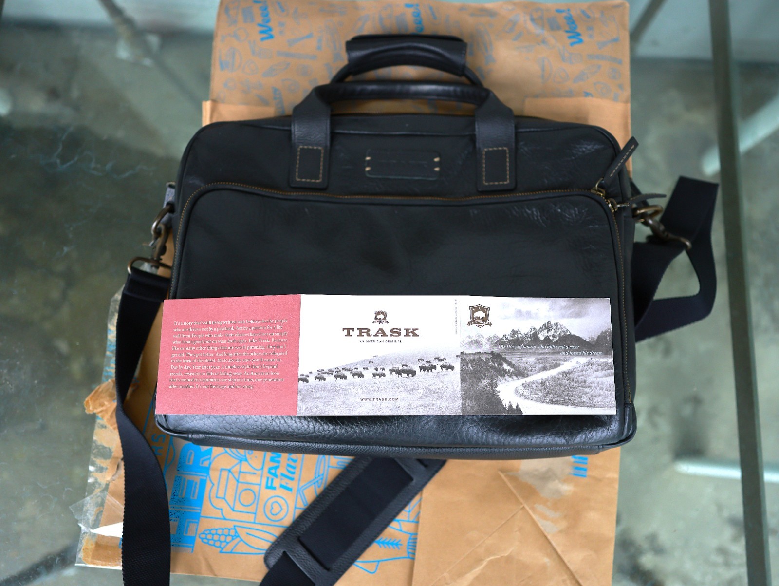 Trask Jackson Bison Leather Briefcase/Laptop Bag- Horween American Bison (Black)