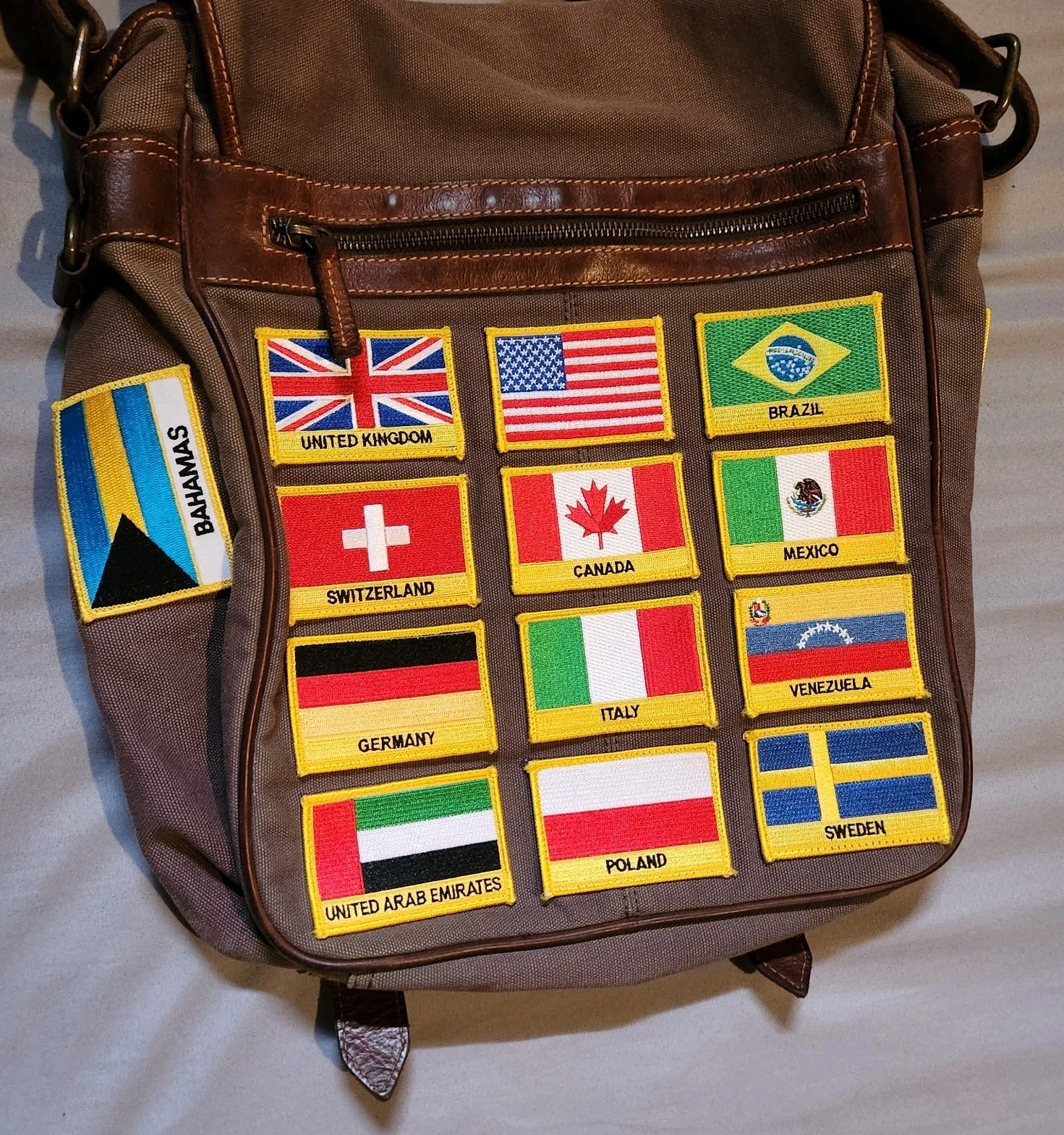 World Flag Patch Collection Custom Fossil 54 Brown Canvas Travel Messenger Bag