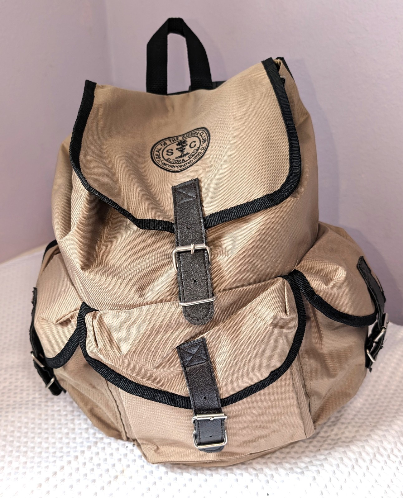 Vintage Sierra Club Backpack Tan Nylon Canvas Faux Leather Logo 14×6.5×10 inches