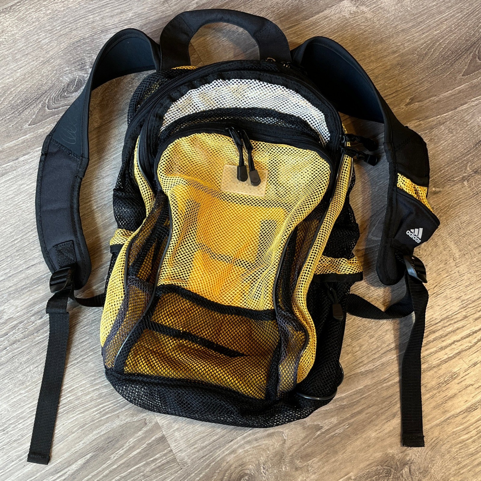 Adidas Mesh Backpack Yellow Black Vintage Sporty School Gym Bag RN90288