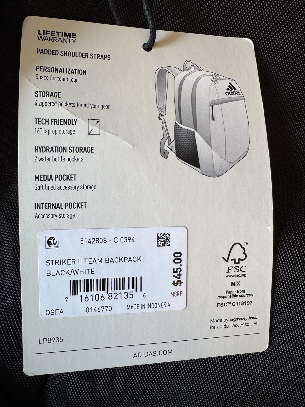 NWT Adidas Striker II Team Backpack Black/White