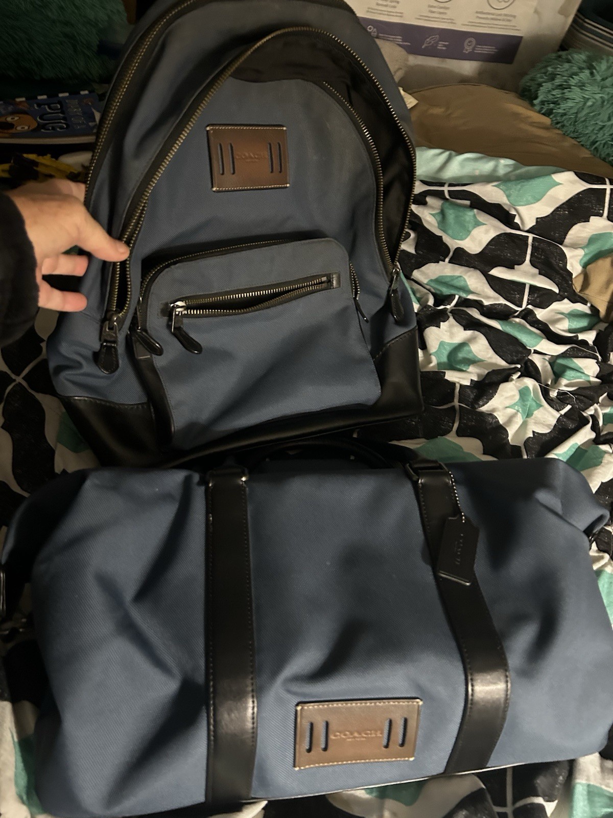 Coach Voyager Duffle Bag And Back Pack Black Leather And Blue Canvas Bags A Set