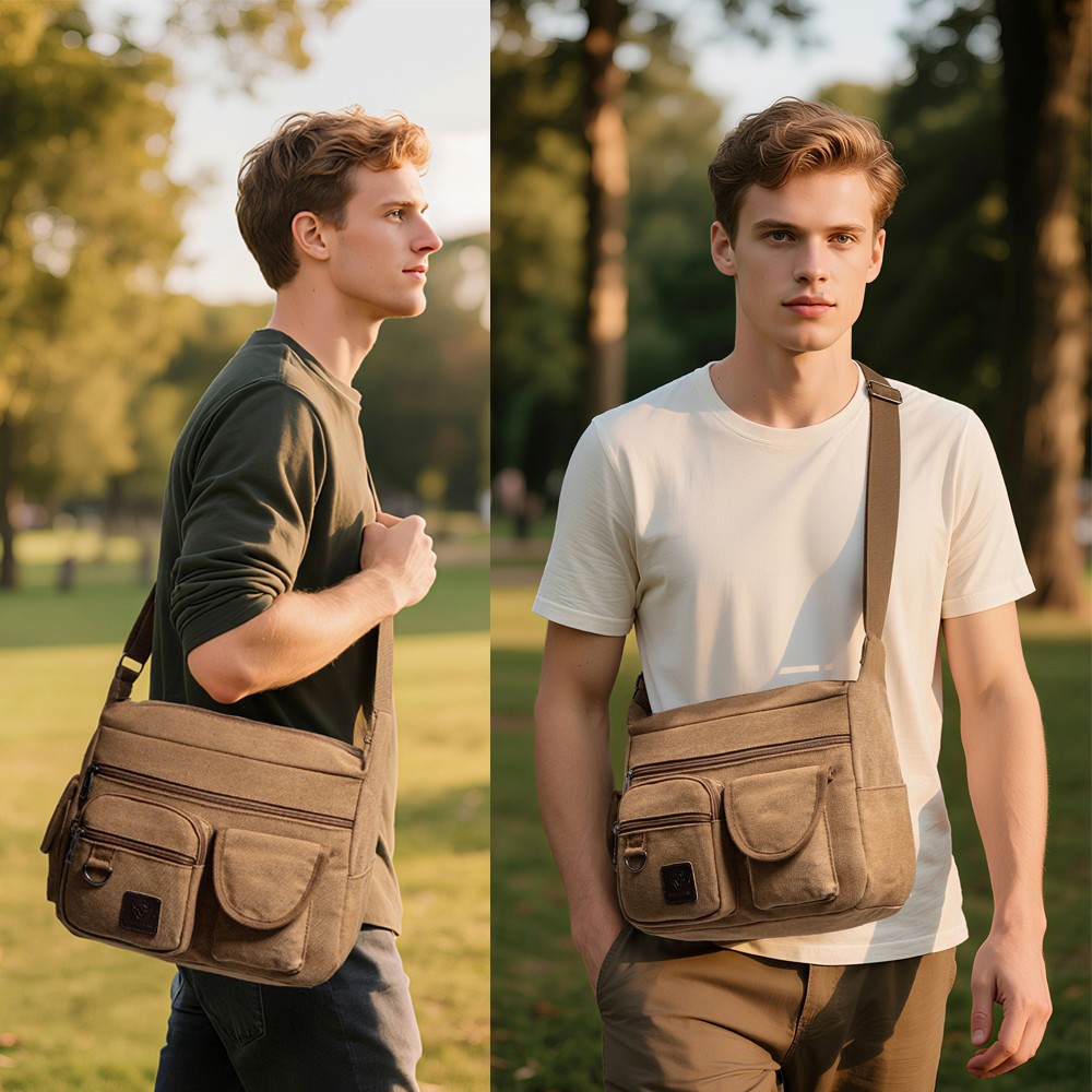LEBULLBRO Mens Canvas Messenger Bag Shoulder Crossbody Military School Satchel M