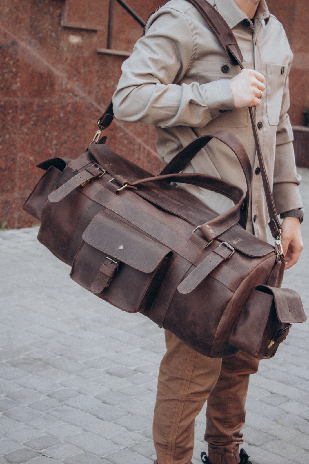 Brown leather duffle bag for men