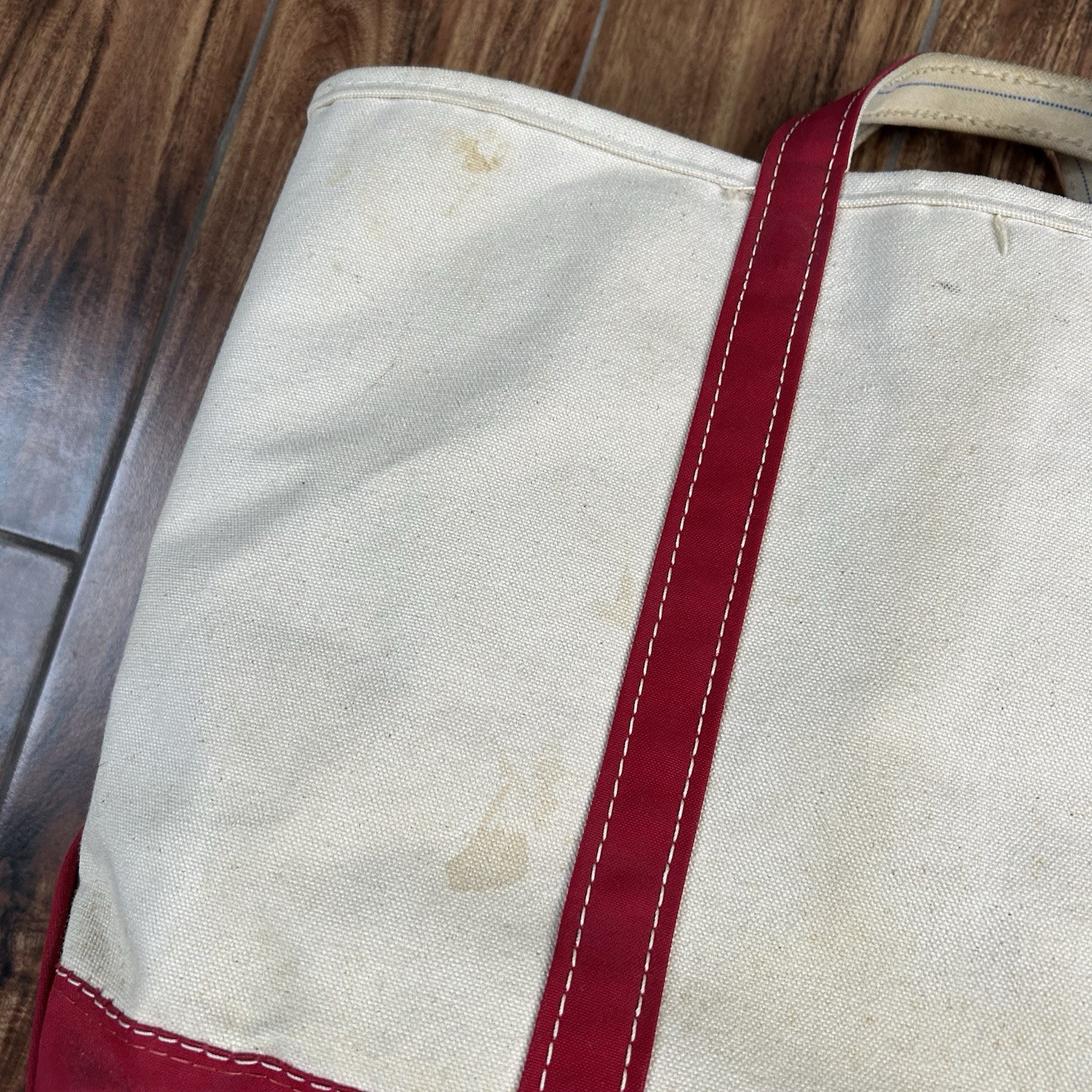 Vintage 90’s LL BEAN Boat and Tote Bag Large Ivory Red Stiff Canvas USA