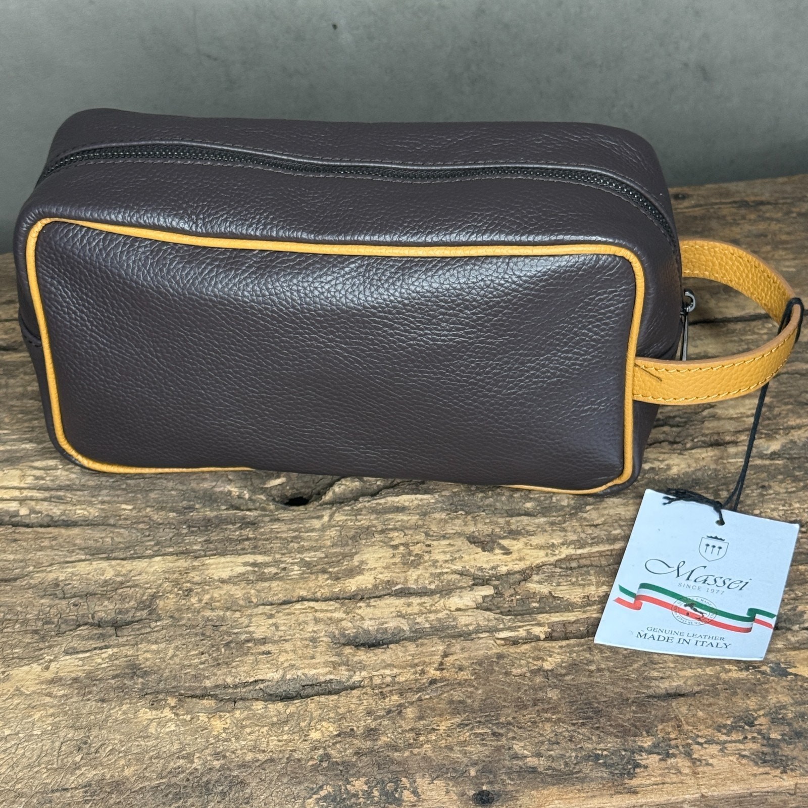 Luxury Italian Leather Dopp Kit Gift for Men by Maszei Brown & Yellow NWT