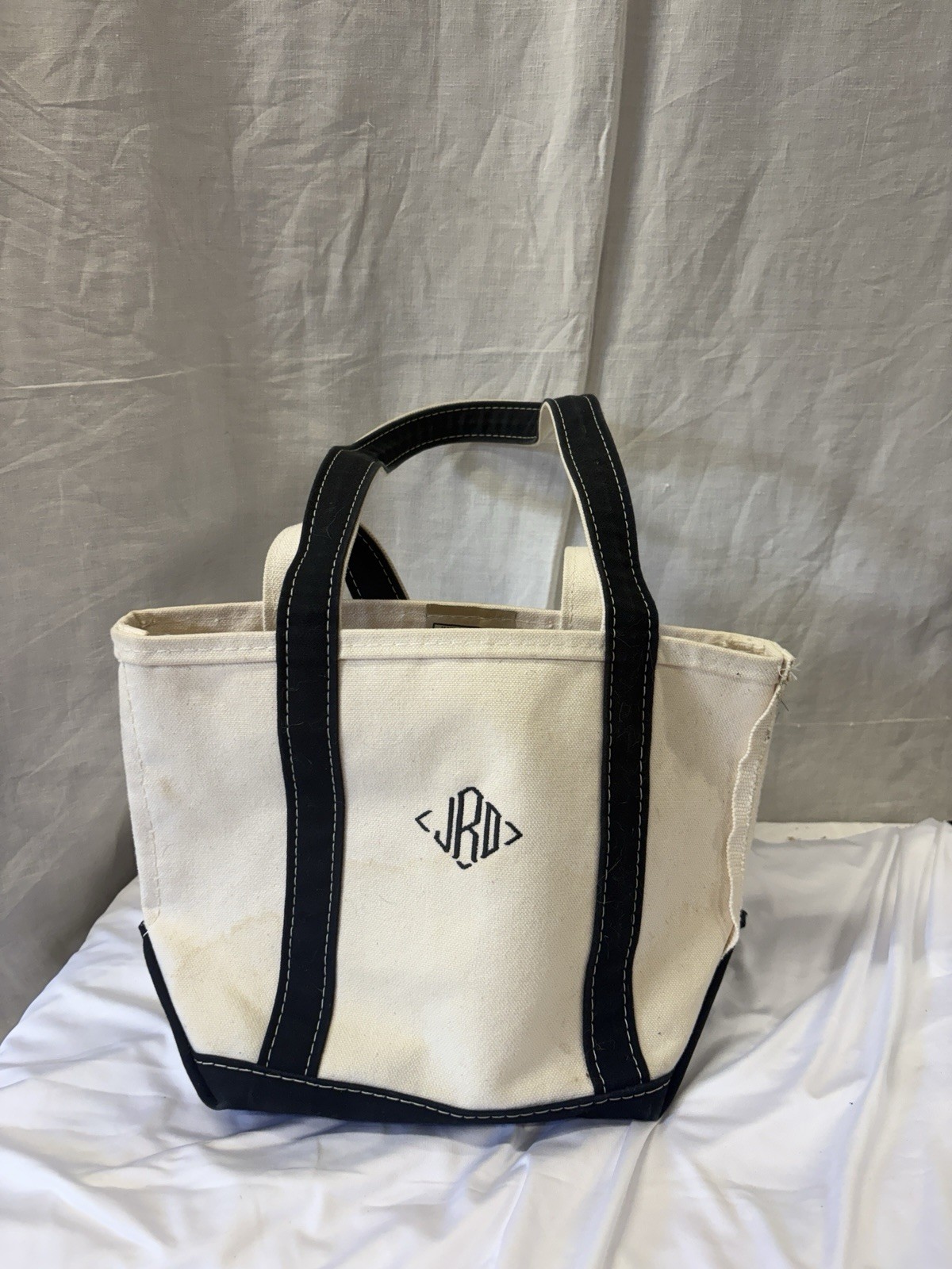 LL Bean Boat and Tote Blue & Natural Open Top Short Handle 13″Lx11″Hx5.5″D