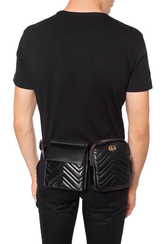 NEW GUCCI GG MARMONT TRAPUNTA CHEVRON BLK LEATHER DOUBLE BELT BAG 100/40 UNISEX