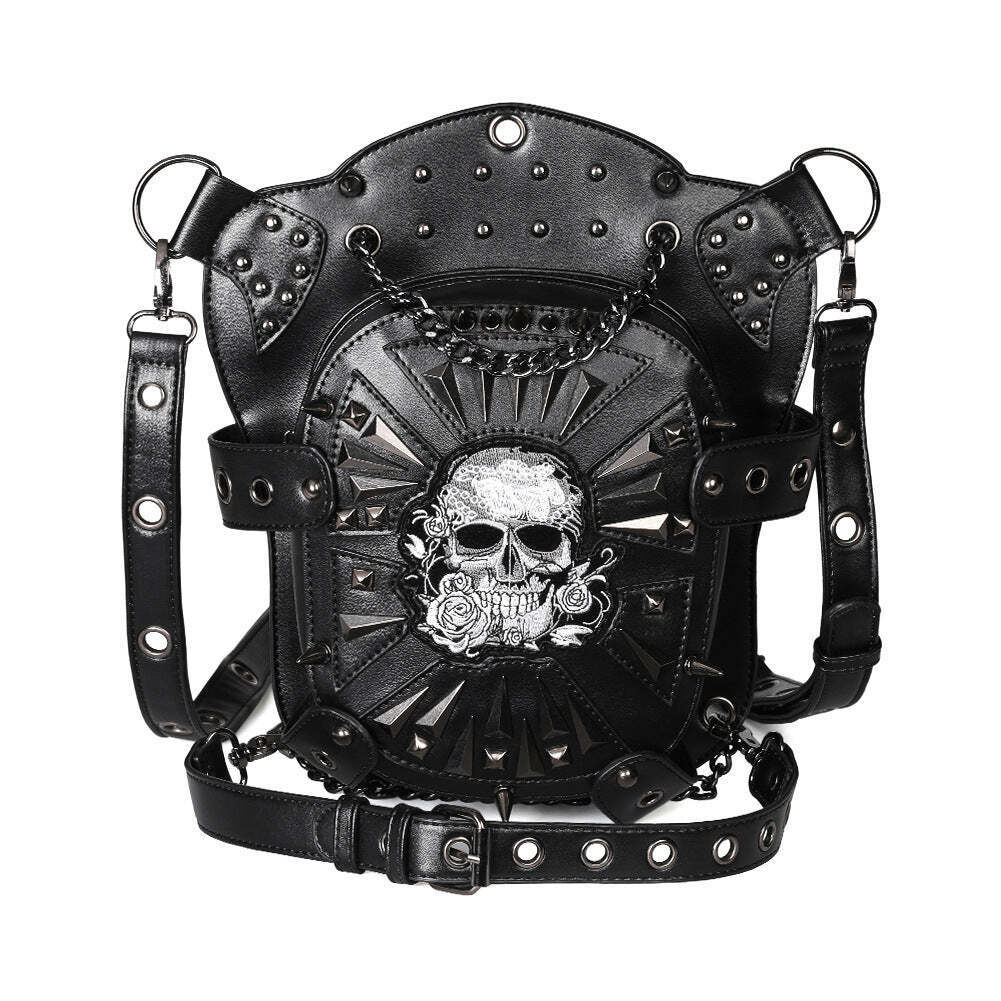 Embroidered Skull Spikes Rivets & Chains Black Leather Backpack