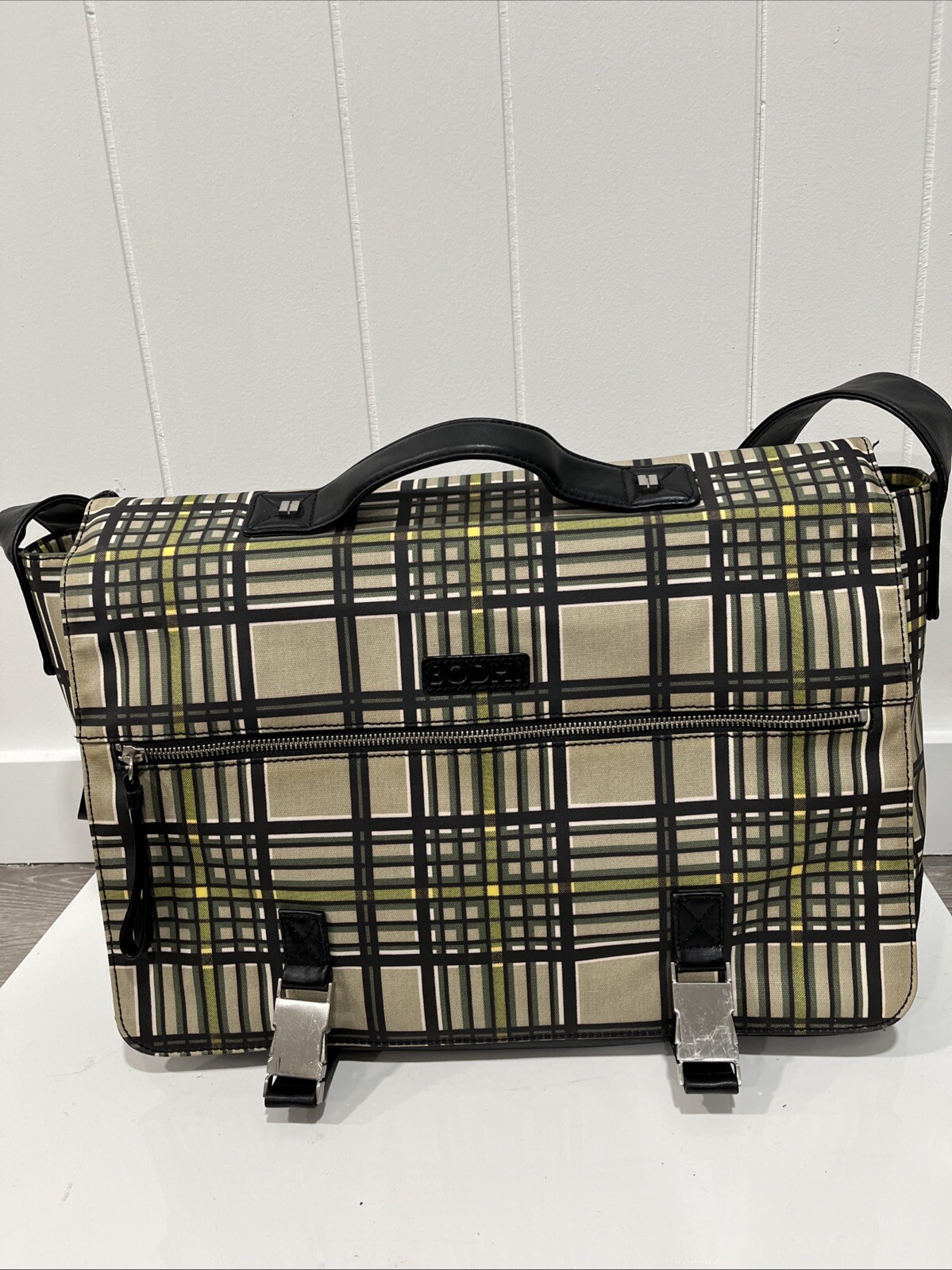 Bodhi Tan Plaid Coated Linen Shoulder Handbag computer cross body XLarge