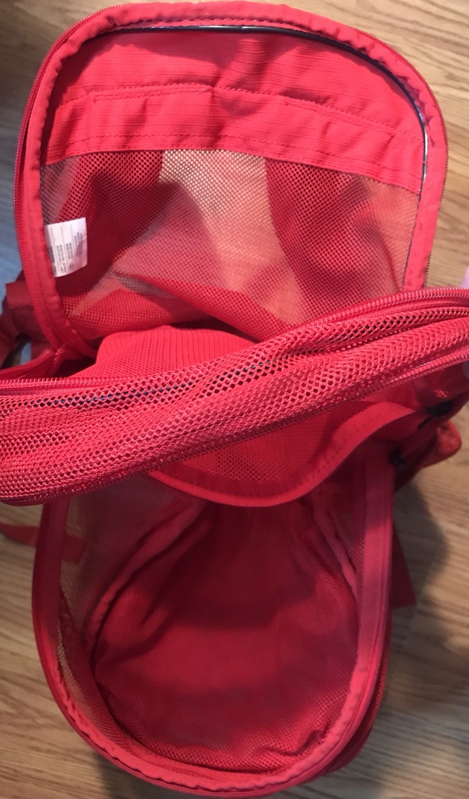 Nike Red Mesh Knit Backpack Comfort Strap Zip Close Divider Transparent Swoosh