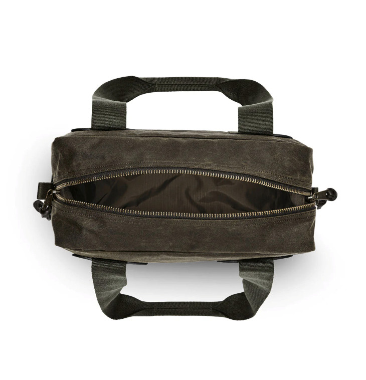 Filson Tin Cloth Duffle Bag Small Tan Navy Waxed Cotton Canvas Bridle Leather
