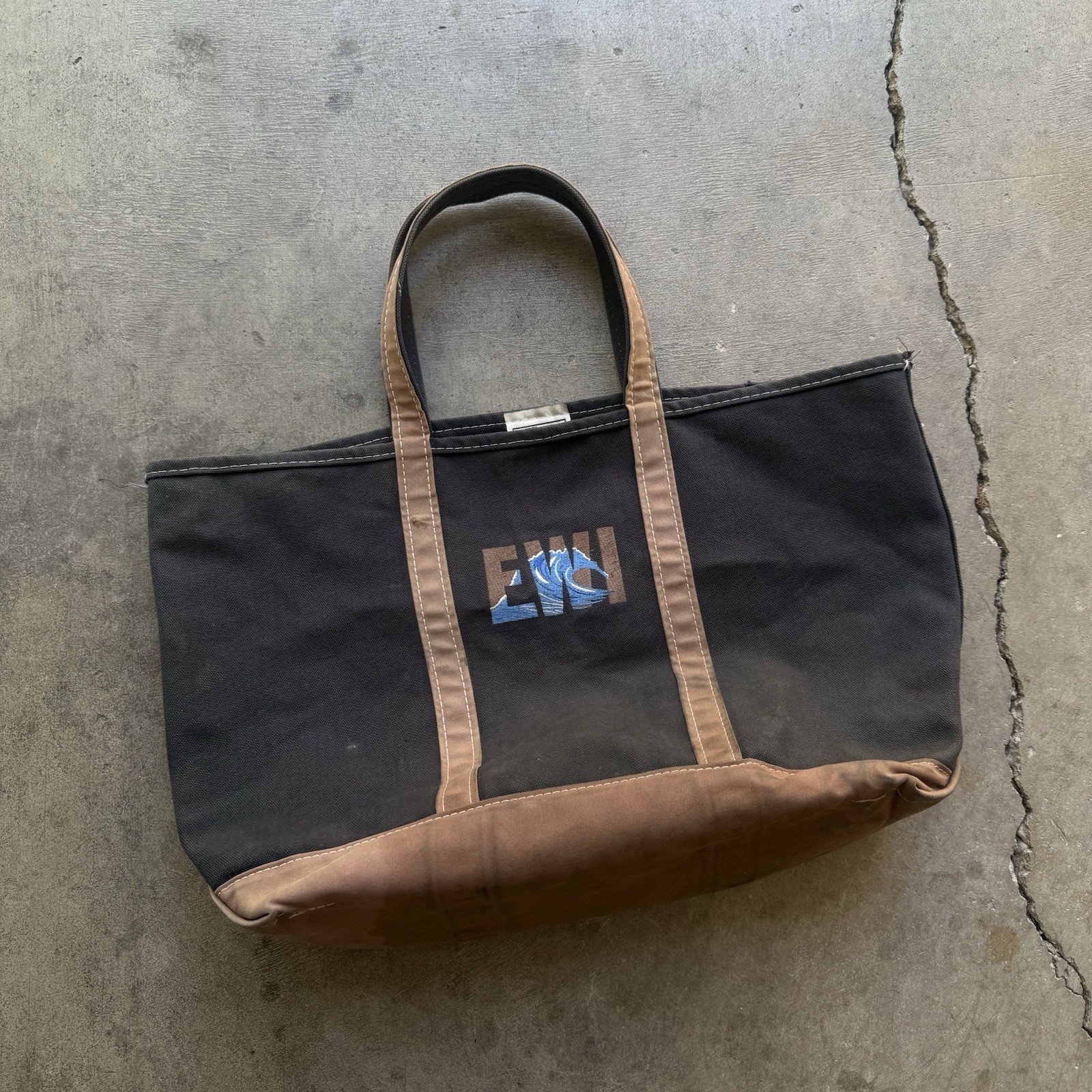 LL Bean Vintage 90s Boat Tote Canvas Cotton Bag USA Black Brown Rare Embroidered