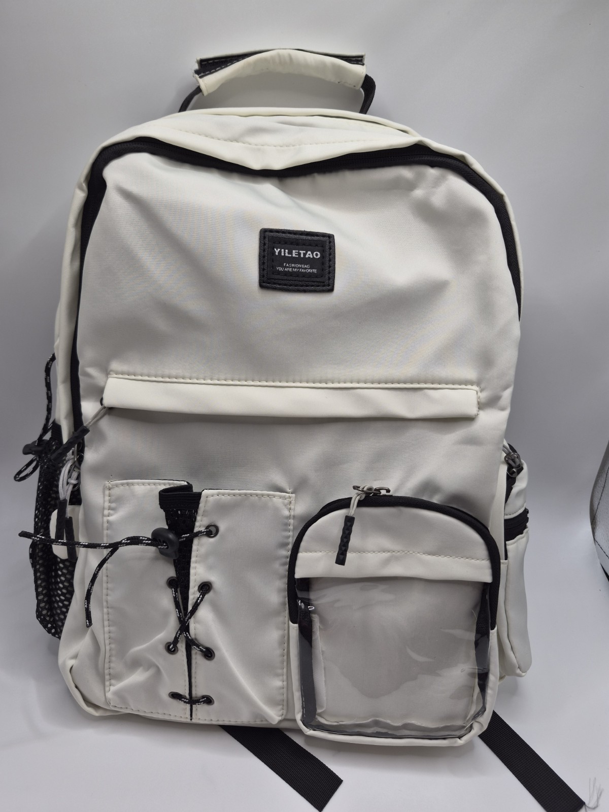 Back To School White Backpack w/ Clear Front Pocket, Black Trim, Zip/Drawstring