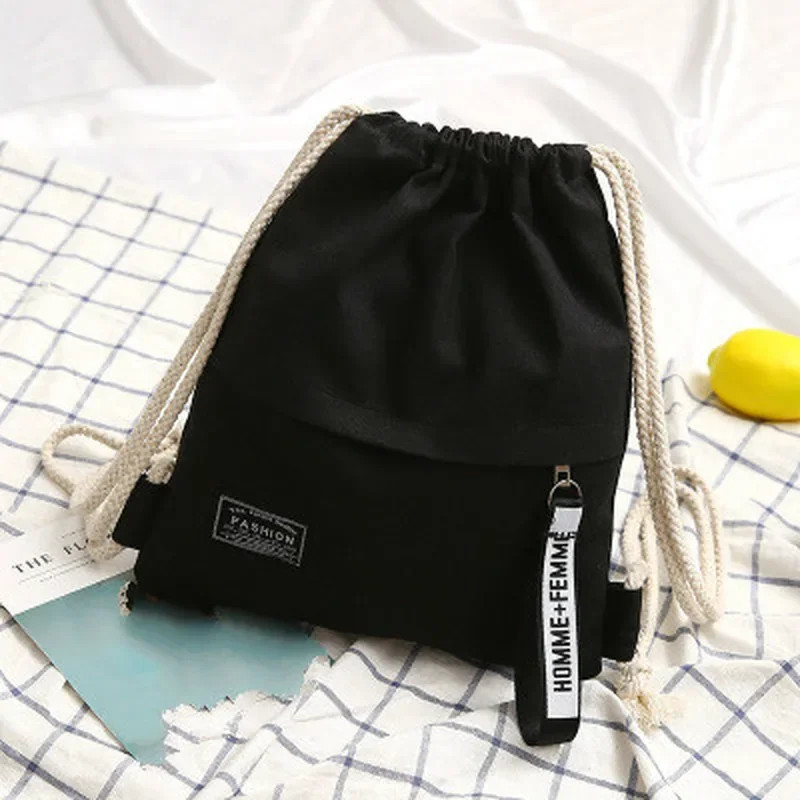 1Pc Canvas School Bag Double Shoulder Drawstring Backpack Drawstring Pocket Port