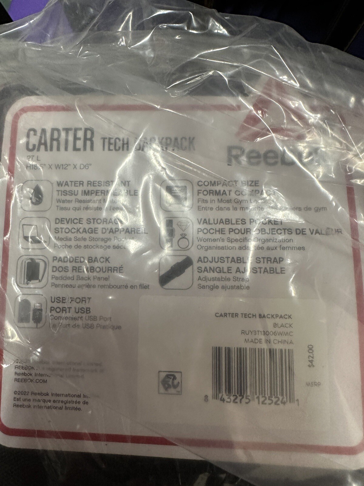 Reebok Carter Tech Backpack With USB and Padding For Laptop BNWT