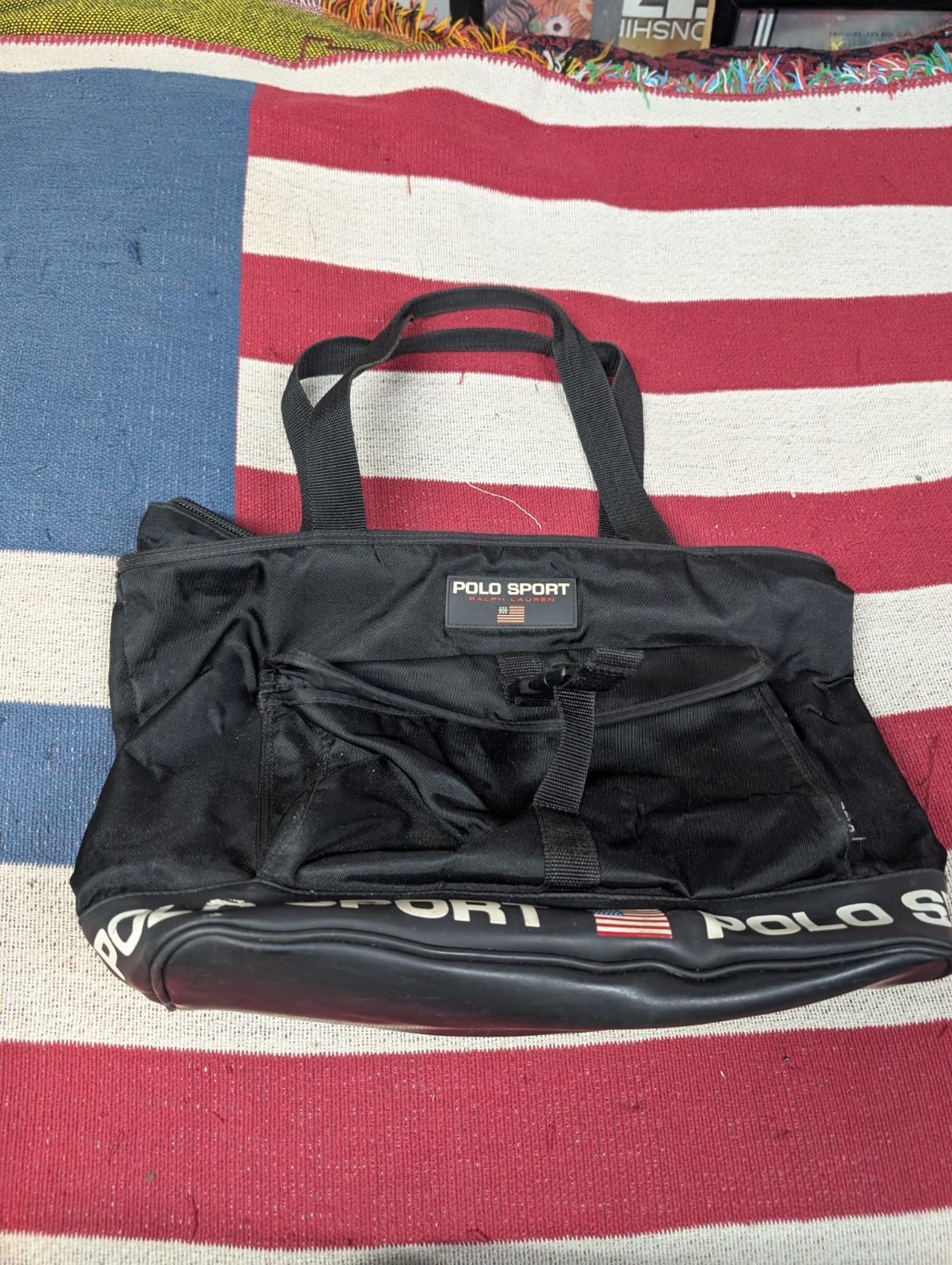 Vintage Polo Sport Spellout Logo Zipper Black Handbag Tote 90s Y2K
