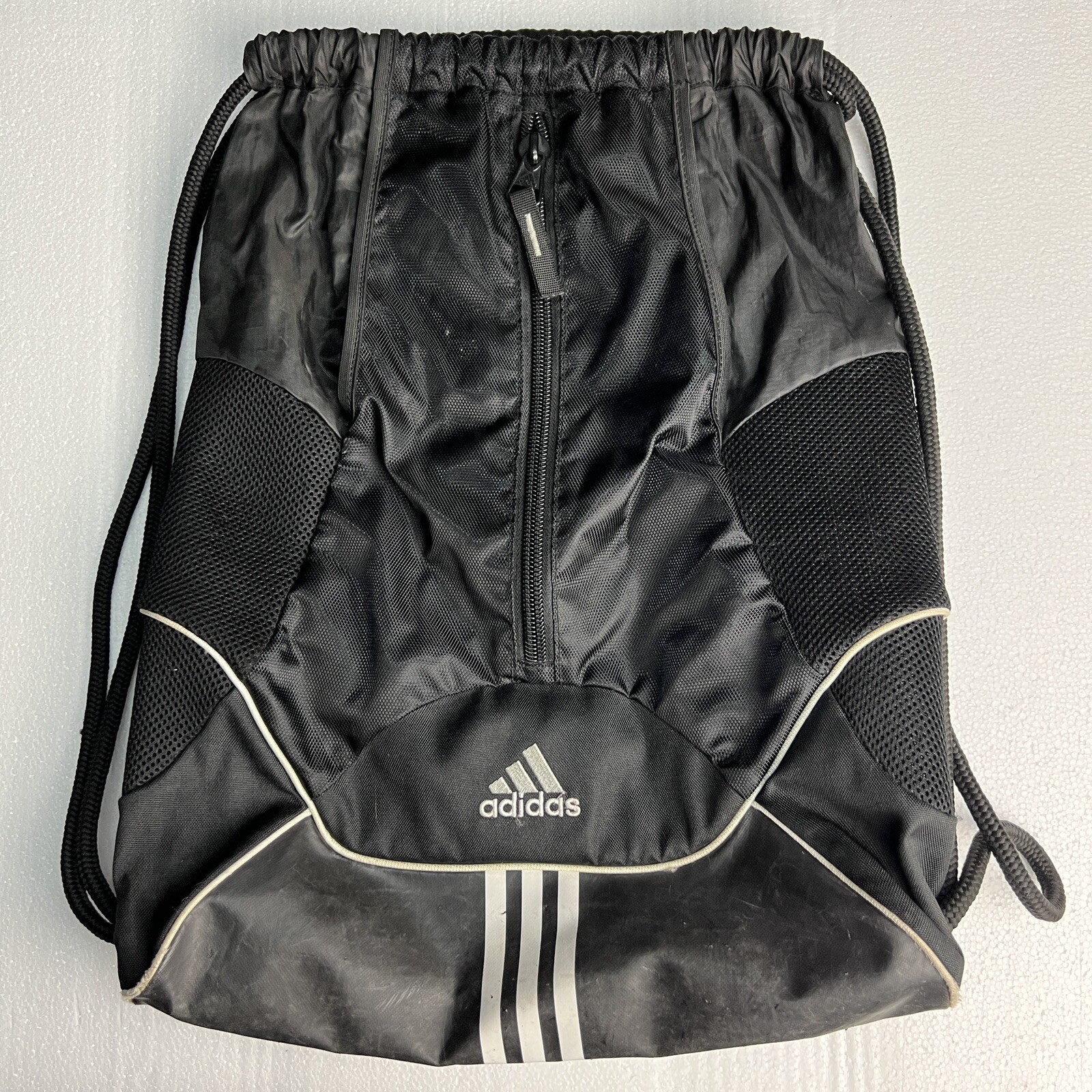 Adidas Drawstring Back Pack Black 3 Stripes Pocket Heavy Duty