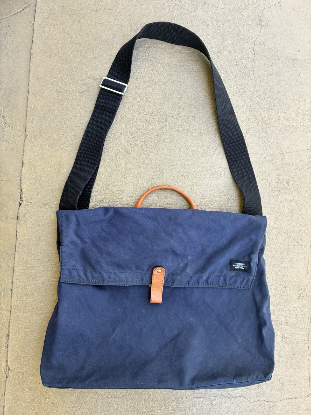 Jack Spade Warren Street Messenger Bag Blue Canvas Brown Leather