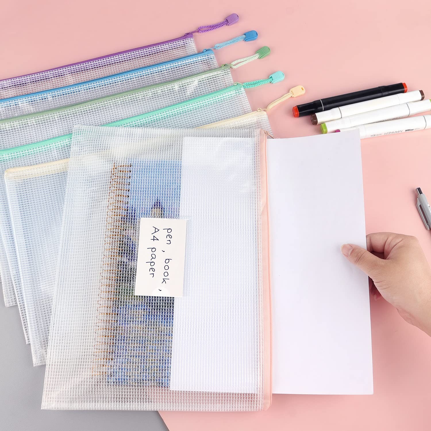 Tamaki 6 Pack Mesh Zipper Pouch with Label Pocket, Waterproof Zipper Bags, Docum