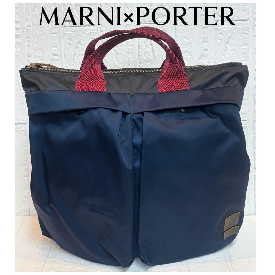 MARNI x PORTER 2-Way Nylon Helmet Bag Navy Black Mens Tote Shoulder Bag