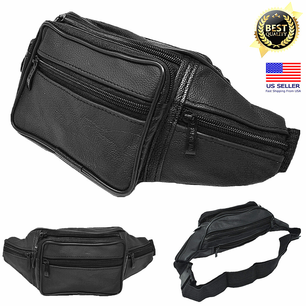 Genuine Leather Fanny Pack Multi Zippered Sports Hip Waist Bag Belt Purse Pouch