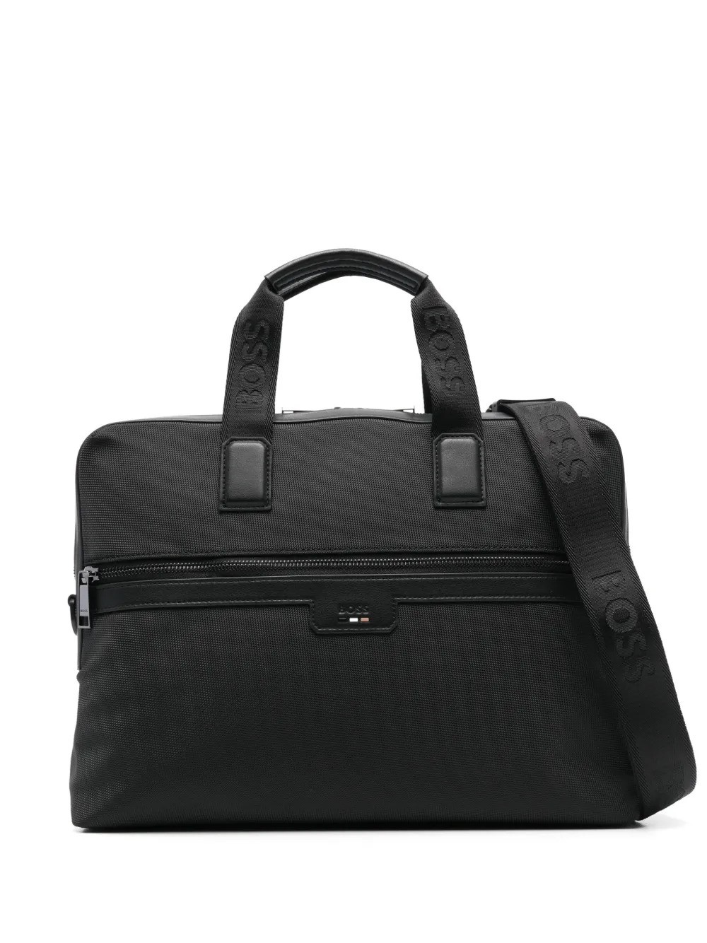 Hugo Boss Mens Black Ray Leather Trim Nylon Zipper Document Case Briefcase Bag