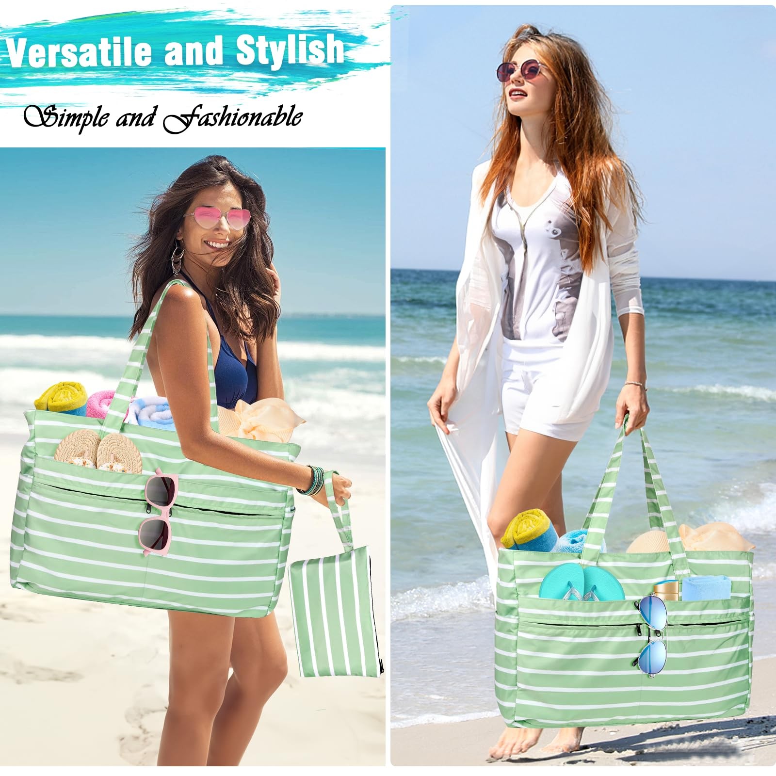 HUANLANG Extra Large Beach Bag Waterproof One Size, Light Green and White