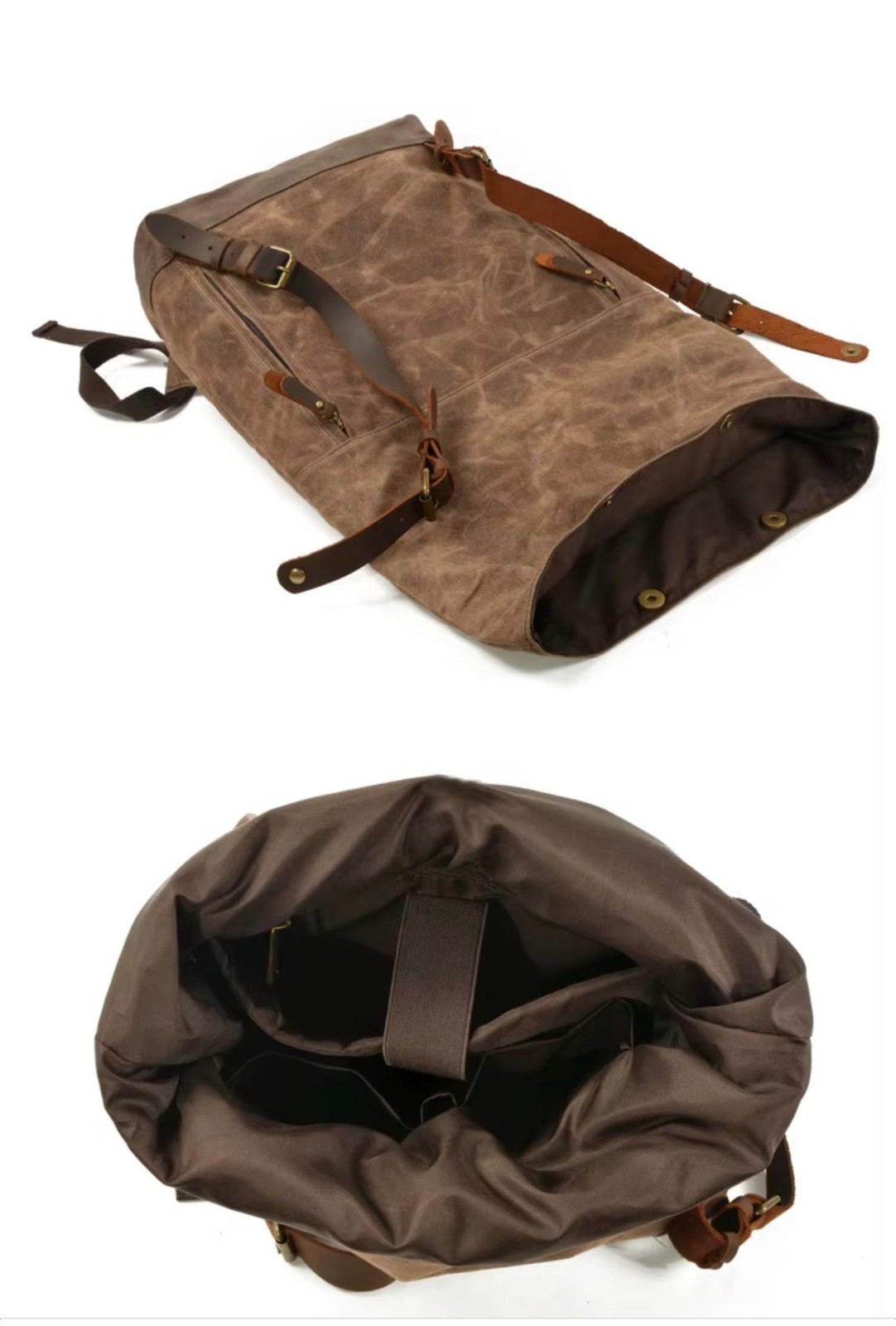 Waxed Canvas Backpack w Leather Straps Laptop Travel Work Rolltop Rucksack