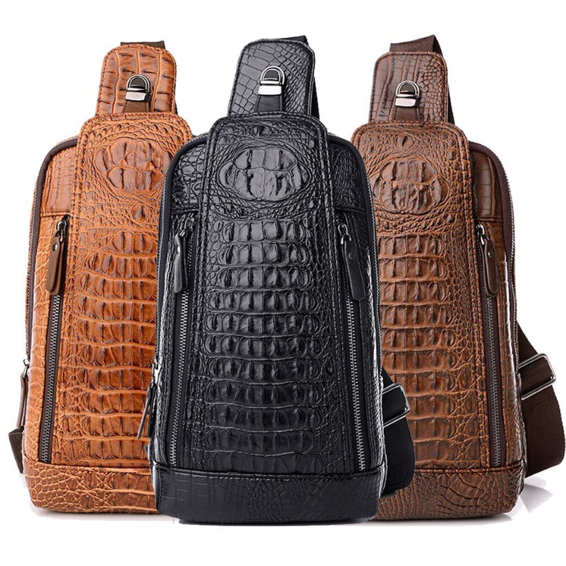 Mens Luxury Leather Crocodile Pattern Chest Bag Backpack Crossbody Travel Bag