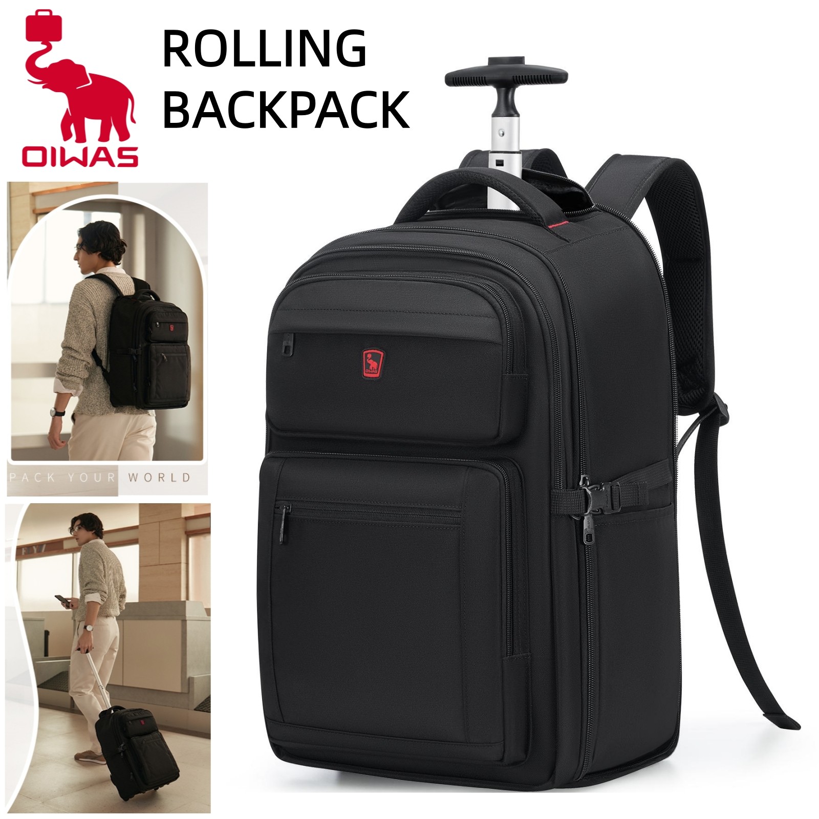 OIWAS 3IN1 Rolling Backpack with Wheels 19″Carry On Travel Luggage For Men Women