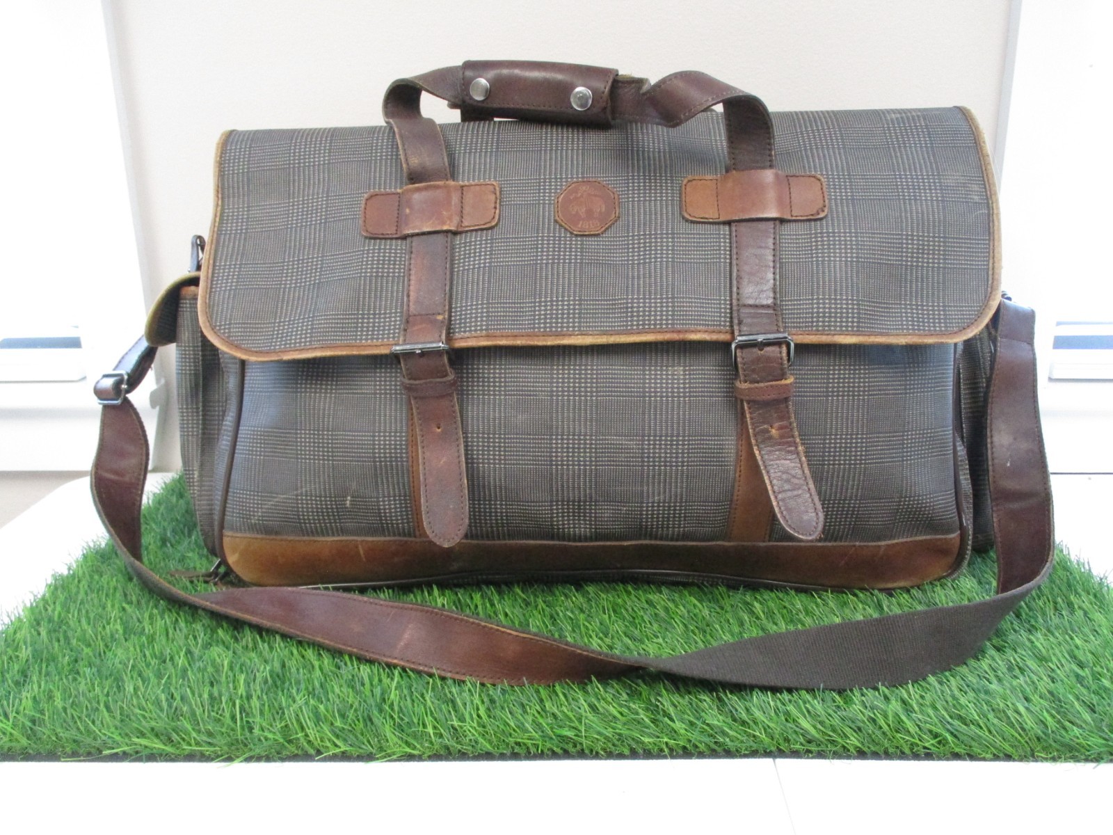 VTG Brooks Brothers Messenger Travel Weekender Bag Plaid Canvas Leather Carry On