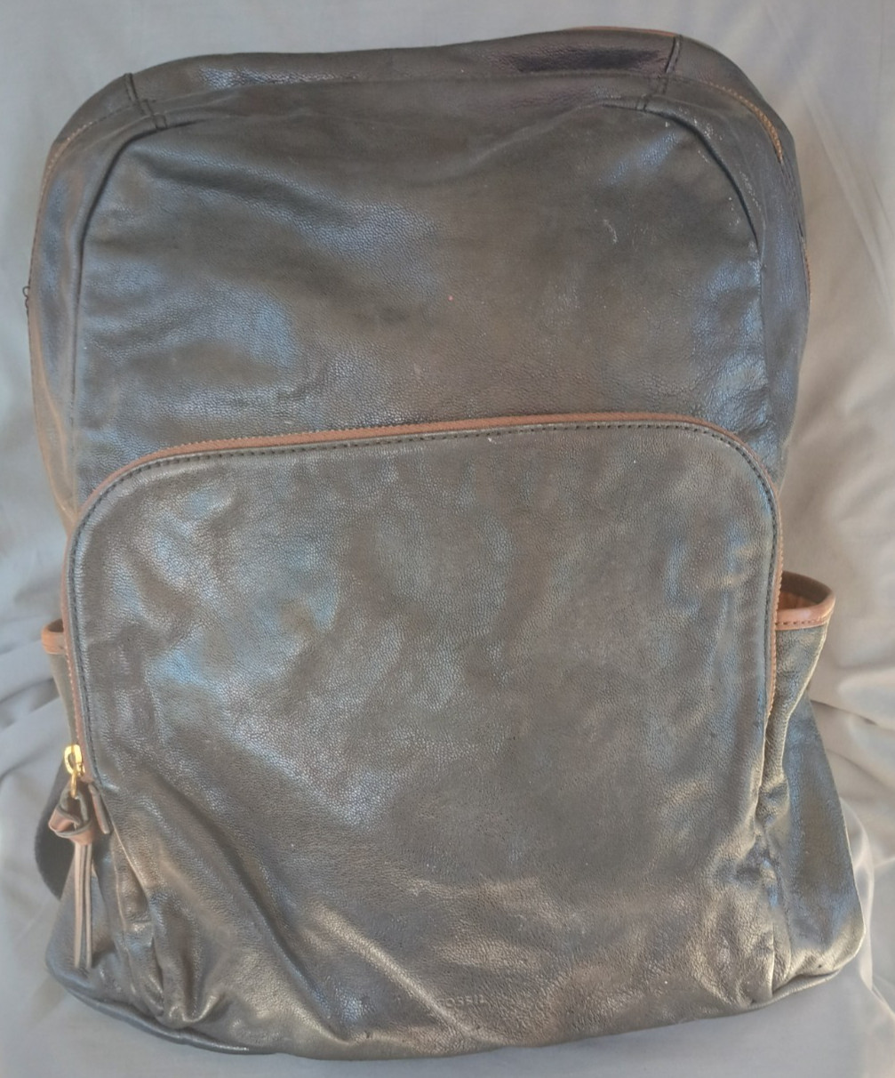 Fossil Goat Hide Leather Multi Pocketed Backpack Black Brown Weathered