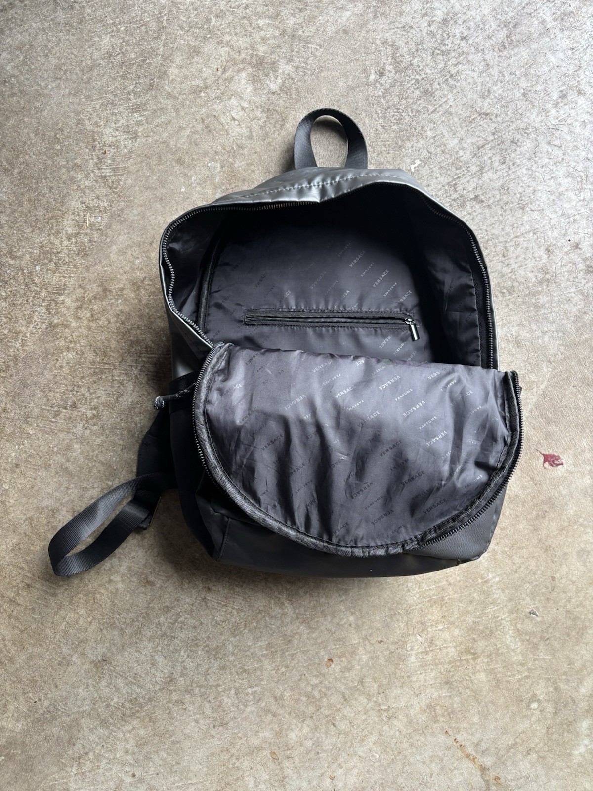 Versace Parfums Black Backpack Medusa Logo Greca Straps Zip Medium