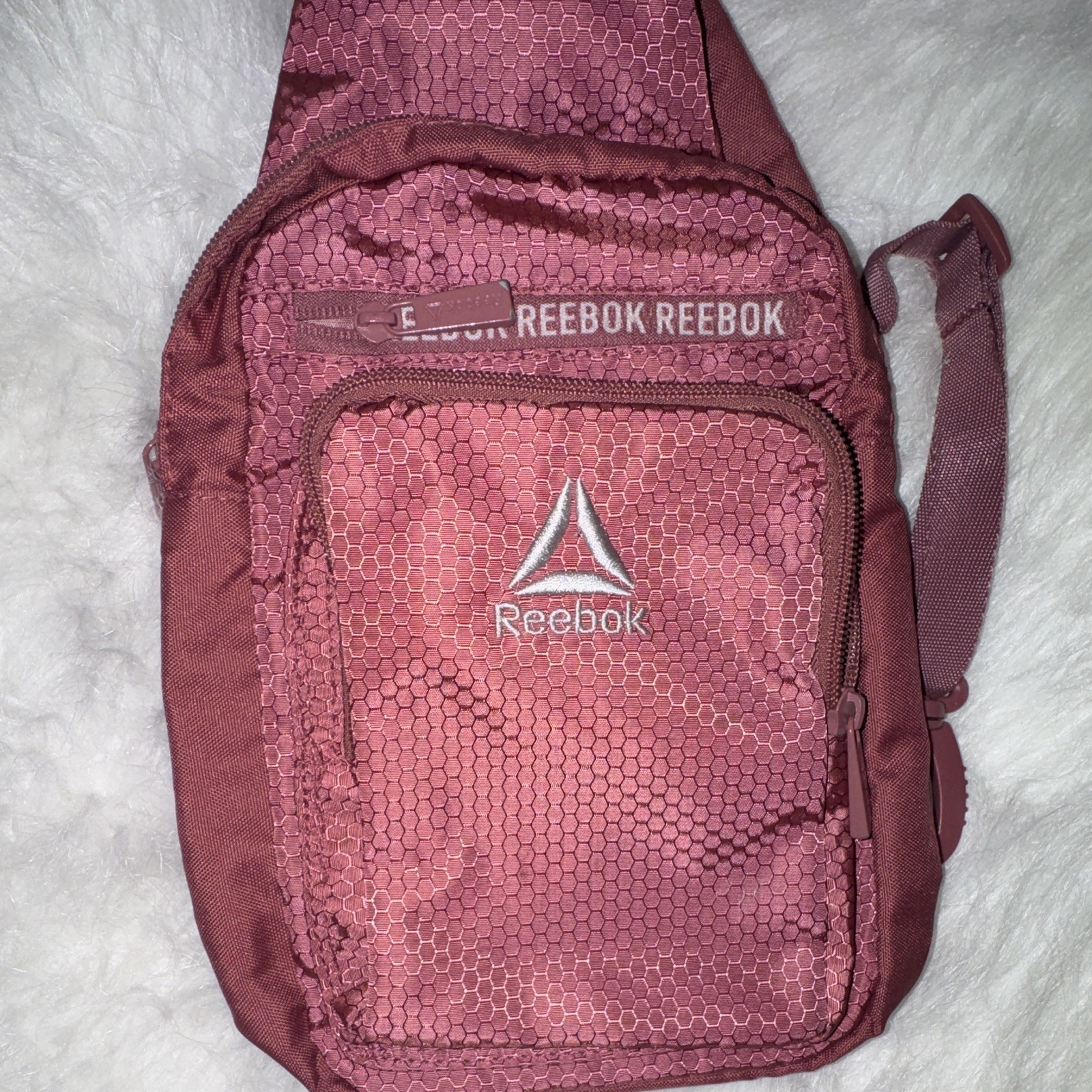 Reebok Burgundy Crossbody Sling Bag Zip Closure, Pockets, Adjustable Strap