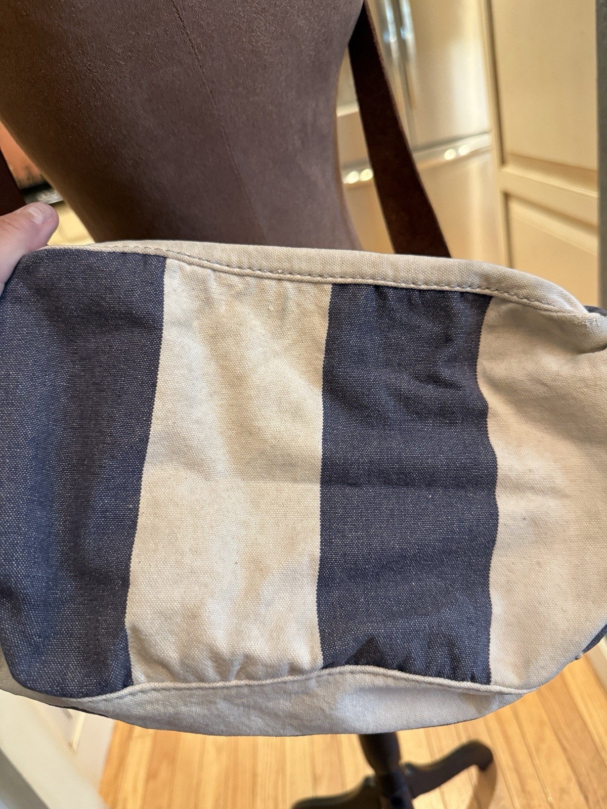 VTG American Eagle Messenger School Bag Stripe Cotton Leather Strap & Patches