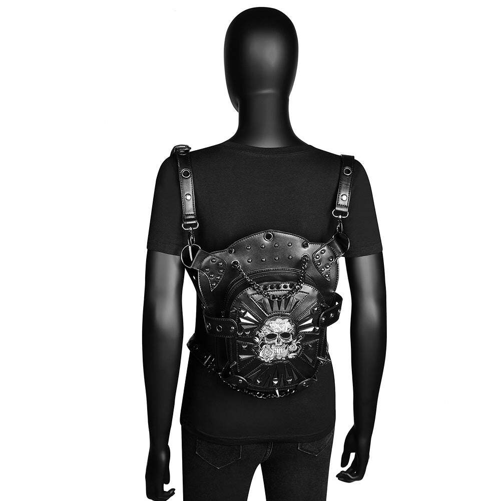 Embroidered Skull Spikes Rivets & Chains Black Leather Backpack