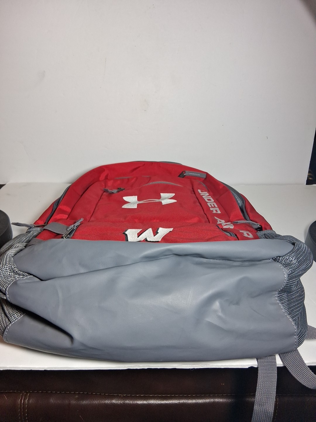Under Armour Storm 1 Backpack Red Gray Pockets Wide Straps. Wisconsin University