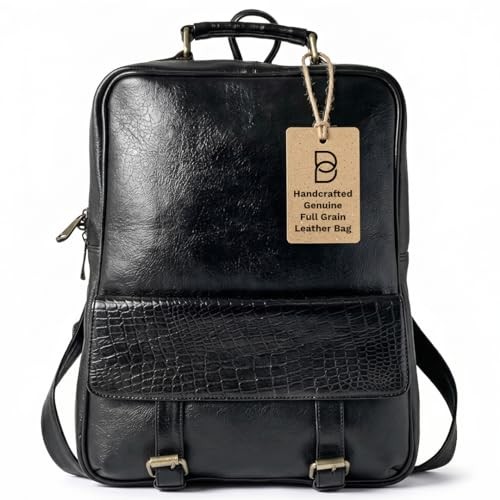 15.6″ Luxury Black Leather Laptop Backpack for Men & Women. Leather Bag for