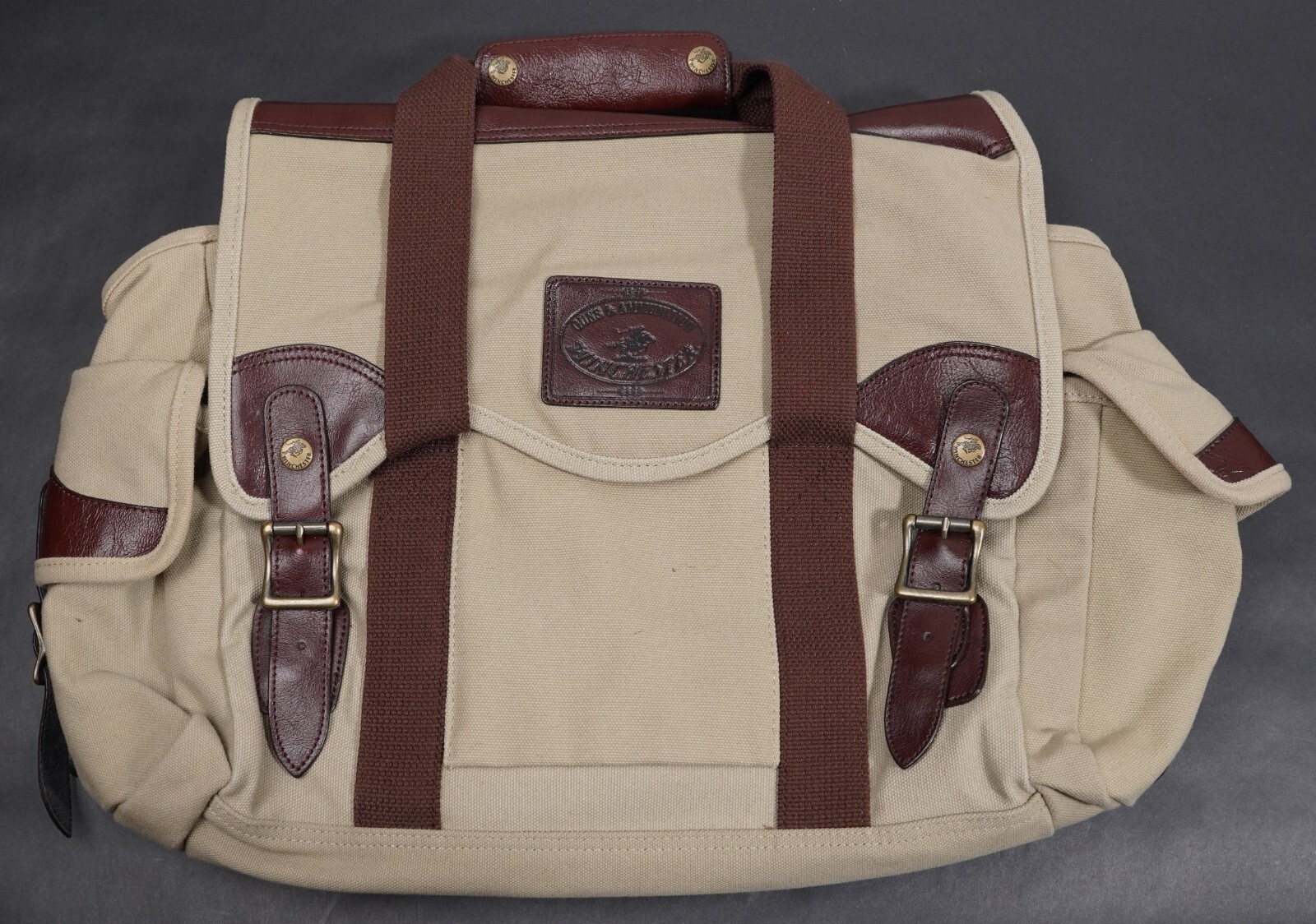 Winchester briefcase carryall gearbag leather canvas brass 17.5×11.5×8.5″