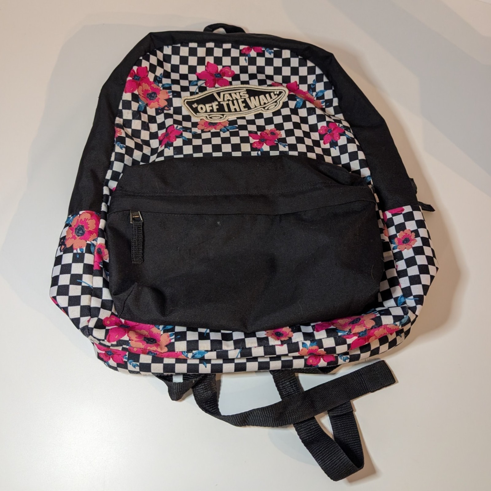 Vans Off The Wall Backpack Black White Checkered Floral with Pink Roses, Daypack