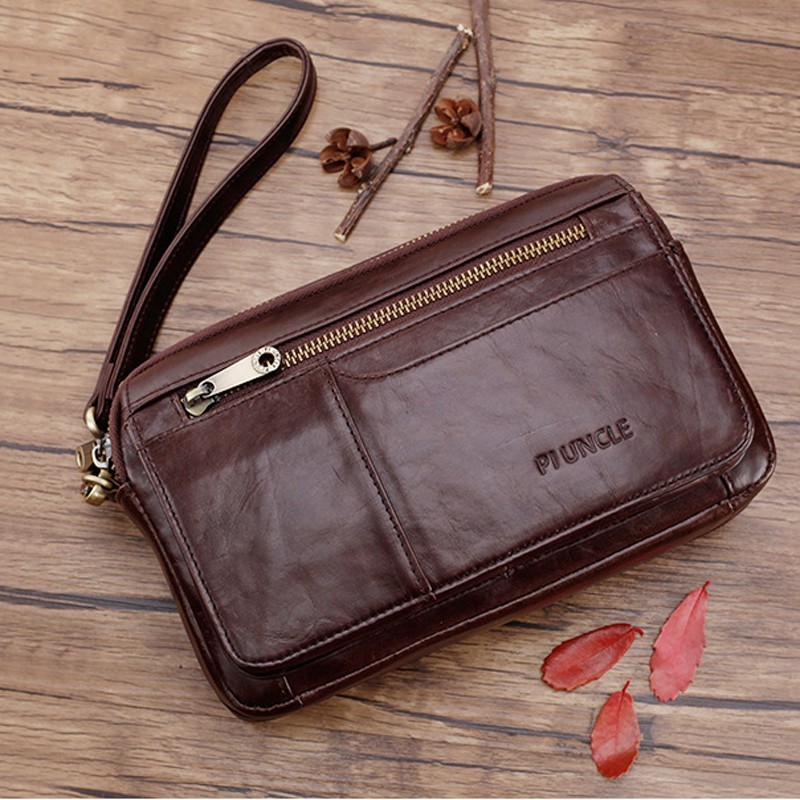 Cowhide Leather Men’s Zipper Clutch Bag Business Wallet Handbag