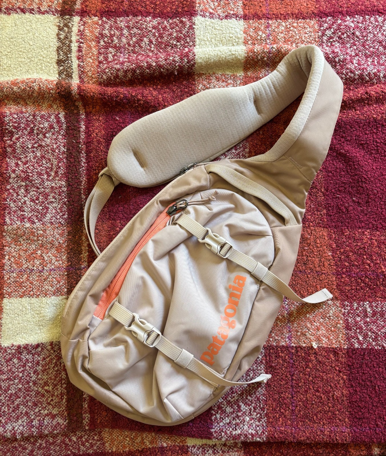 Patagonia Atom Sling shoulder bag tan with orange accents