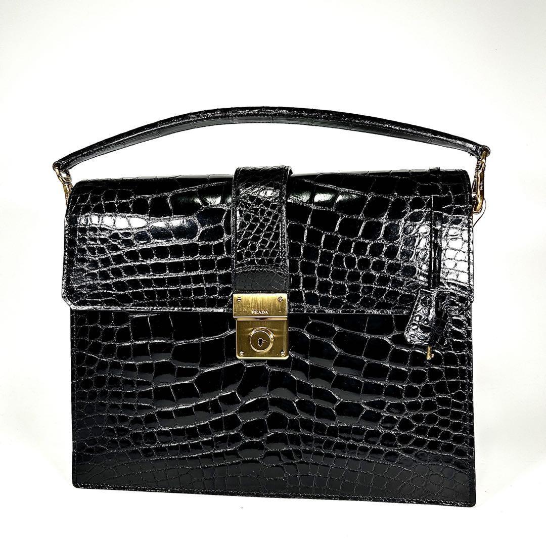PRADA Real Crocodile Shining Center Business Bag hand bag Auth key charm