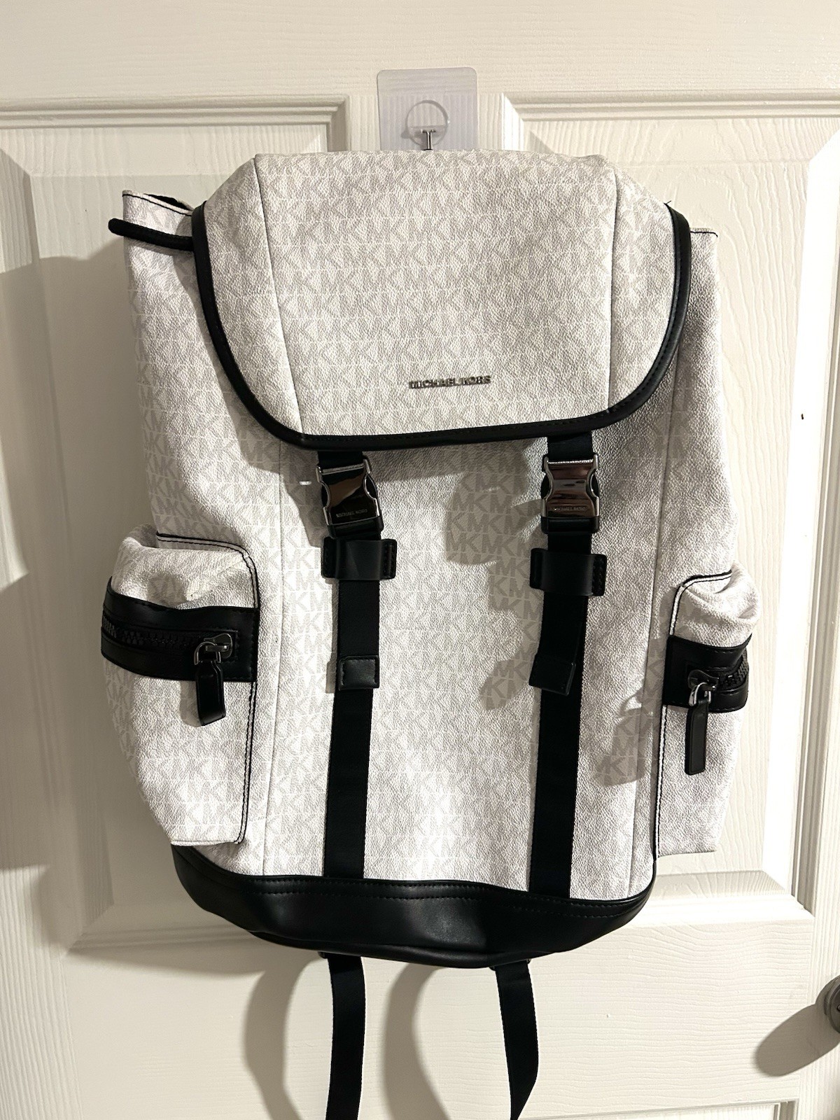 Michael Kors Cooper Logo Backpack Bright White Men’s Buckle Straps Side Pockets