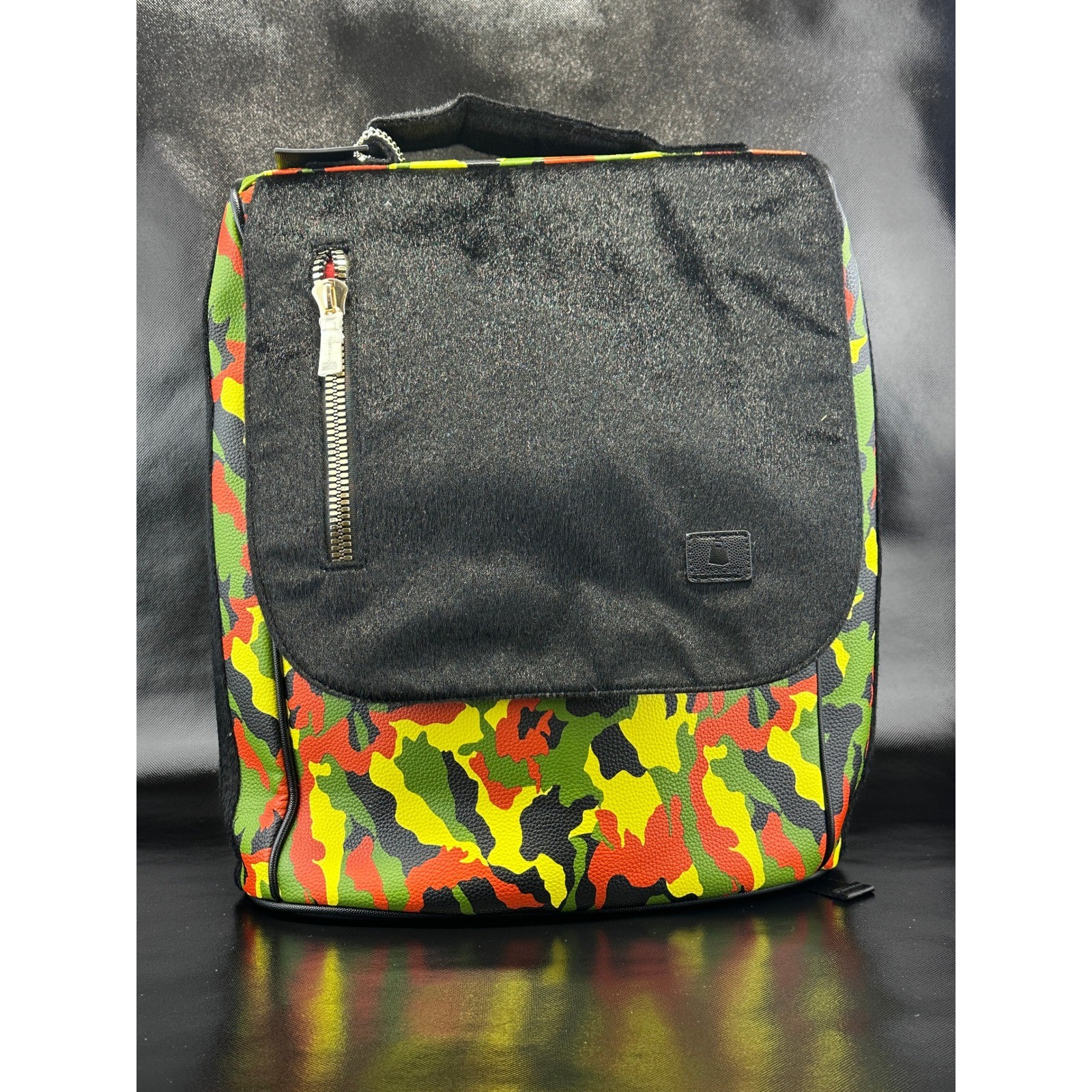 Colorful Camo Flap Backpack – Front Zipper Pocket, Faux Leather, Multicolor