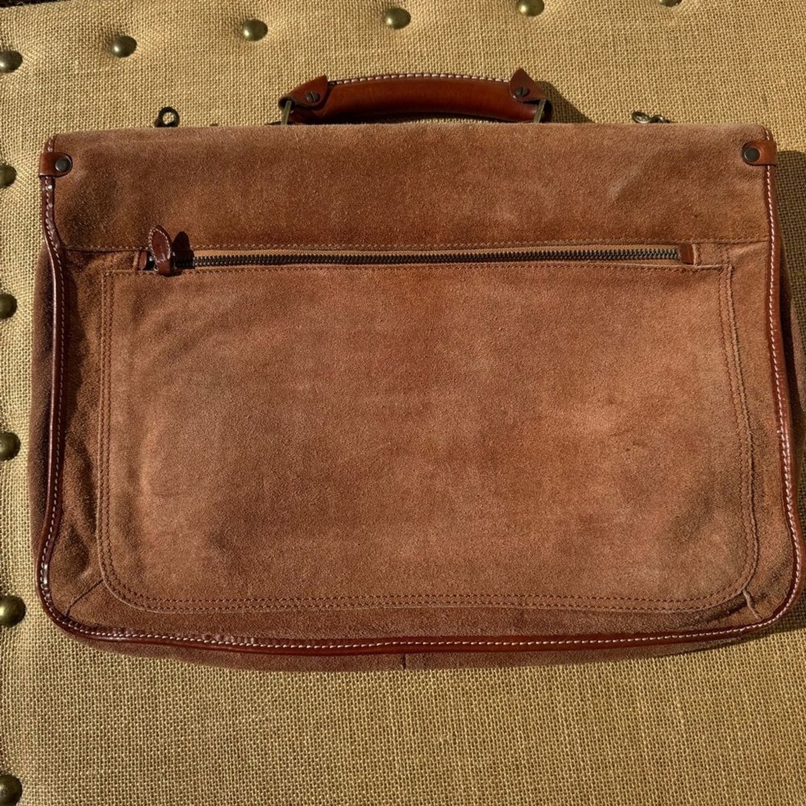 GoN Vintage Leather Suede Briefcase Messenger Bag Brown Plaid Lined 17”